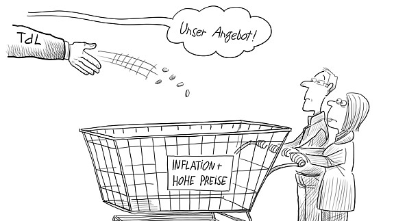 Cartoon Einkommensrunde der Länder 2023 Eine Hand mit der Aufschrift "TdL" wirft ein paar Münzen in einen Einkaufswagen mit der Aufschrift "Inflation & hohe Preise"