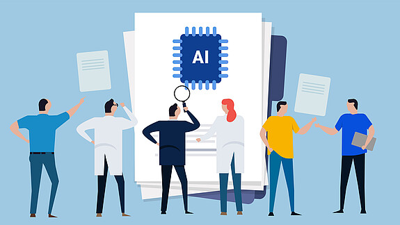 Künstliche Intelligenz Eine Gruppe von Menschen starren fragend auf ein übergroßes Dokument, auf dem ein überdimensionierter Computerchip mit den Buchstaben "AI" zu sehen ist.