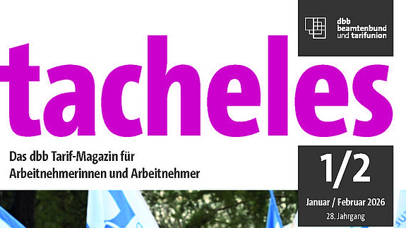 Tacheles Januar / Februar 2026 Das Foto zeigt das Cover der aktuellen Tacheles-Ausgabe. Zu sehen ist der Schriftzug "tacheles".